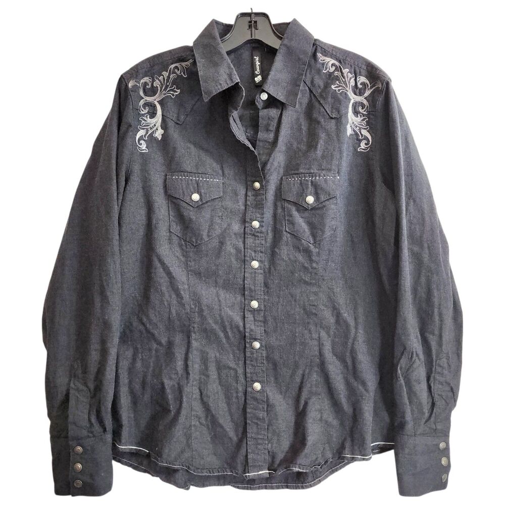 COWGIRL HARDWARE Shirt Womens XL Gray Pearl Snap Western Embroidered Paisley